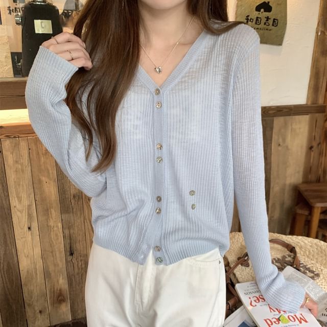KUMI-V-Neck Plain Button Up Cardigan