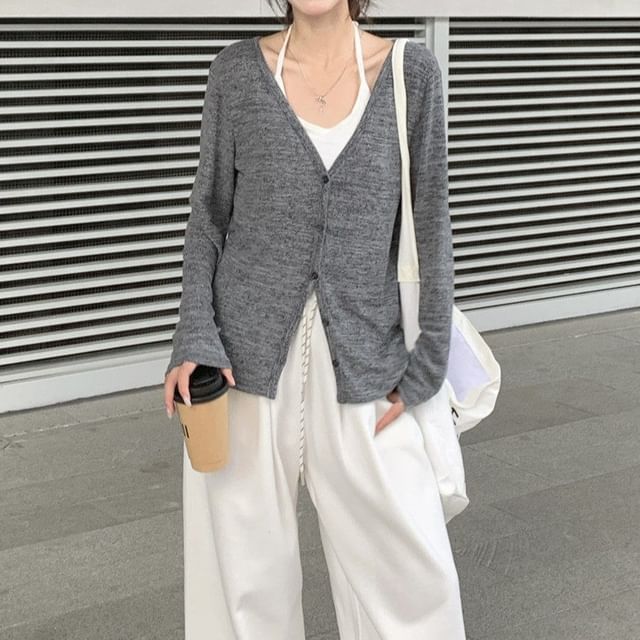 KUMI-V-Neck Plain Button Up Cardigan