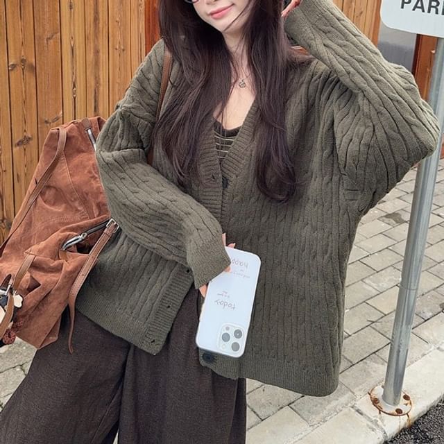 KUMI-V-Neck Plain Cable Knit Cardigan