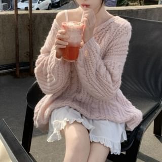 KUMI-V-Neck Plain Cable Knit Sweater