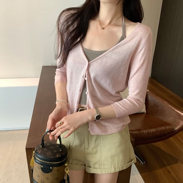 KUMI-V-Neck Plain Cardigan