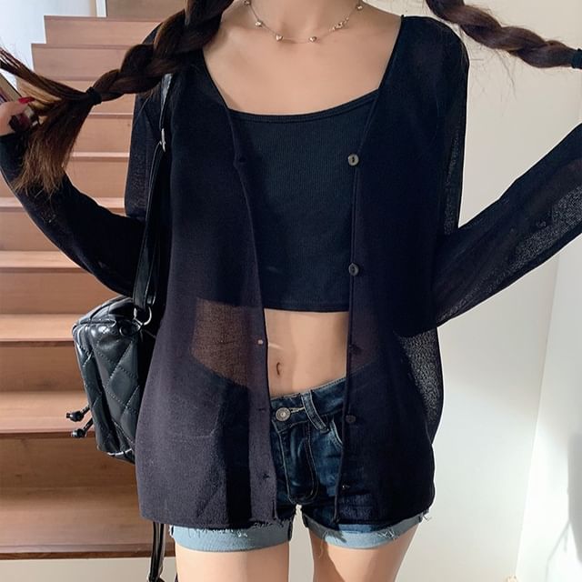 KUMI-V-Neck Plain Cardigan