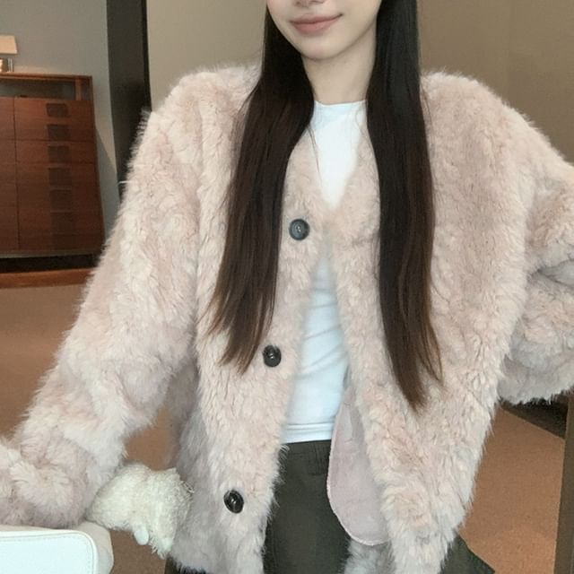 KUMI-V-Neck Plain Fleece Button Up Jacket