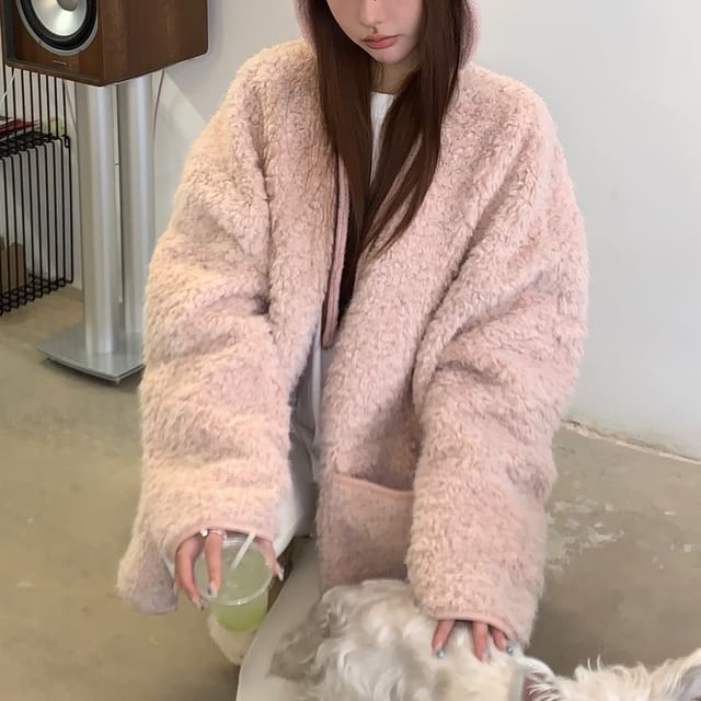 KUMI-V-Neck Plain Fleece Button Up Jacket