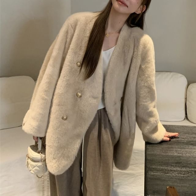 KUMI-V-Neck Plain Fleece Double Breasted Jacket