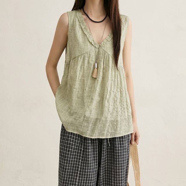 KUMI-V-Neck Plain Frill Trim Tank Top