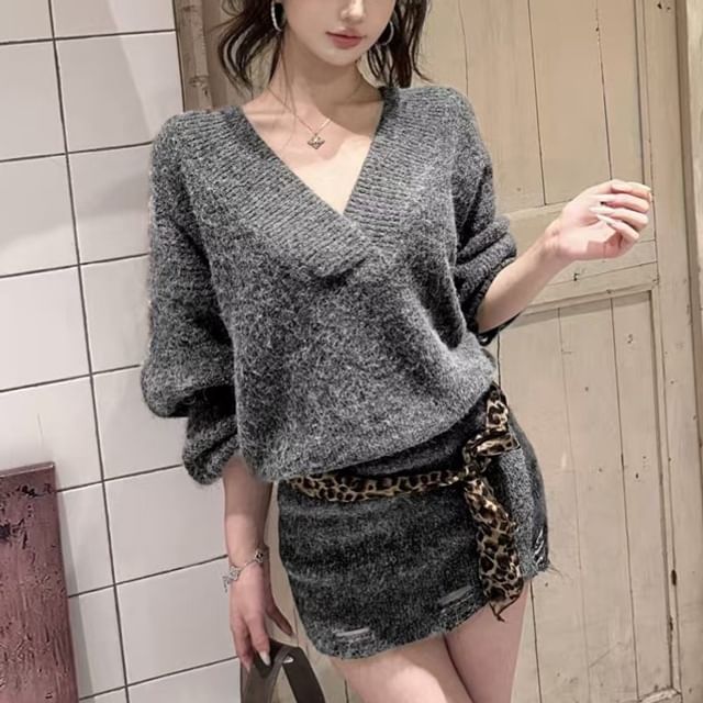 KUMI-V-Neck Plain Oversized Sweater