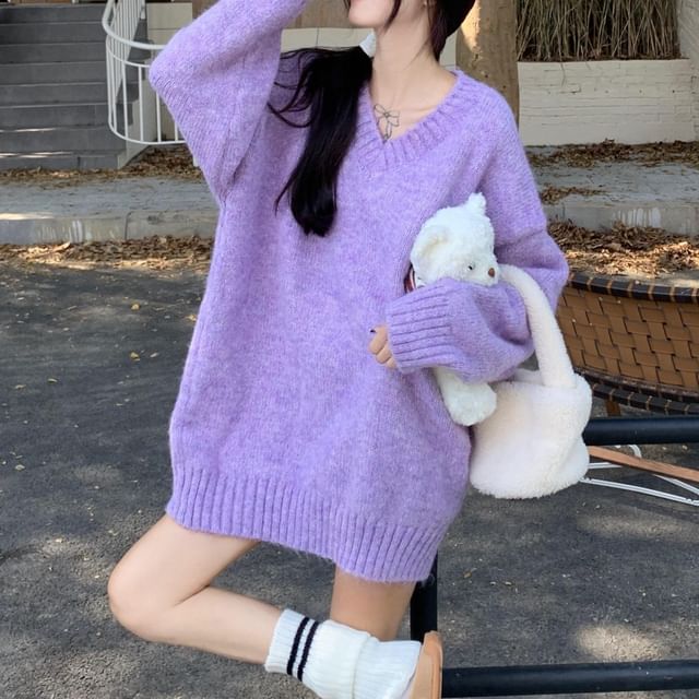 KUMI-V-Neck Plain Oversized Sweater