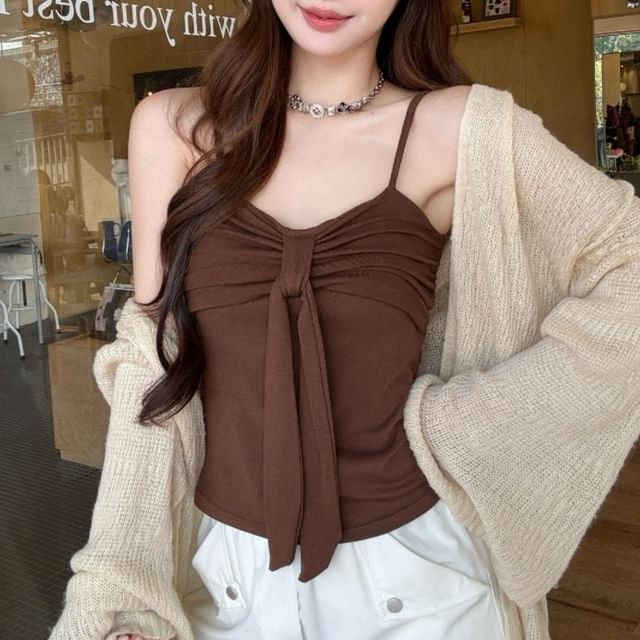 KUMI-V-Neck Plain Ruched Crop Camisole Top