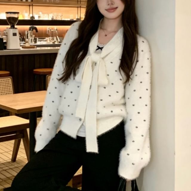 KUMI-V-Neck Polka Dot Button Up Cardigan