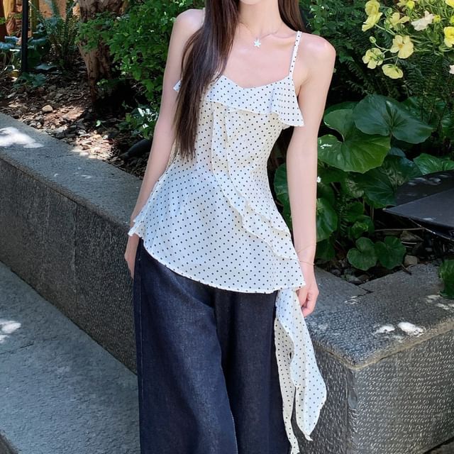 KUMI-V-Neck Polka Dot Ruffle Camisole Top