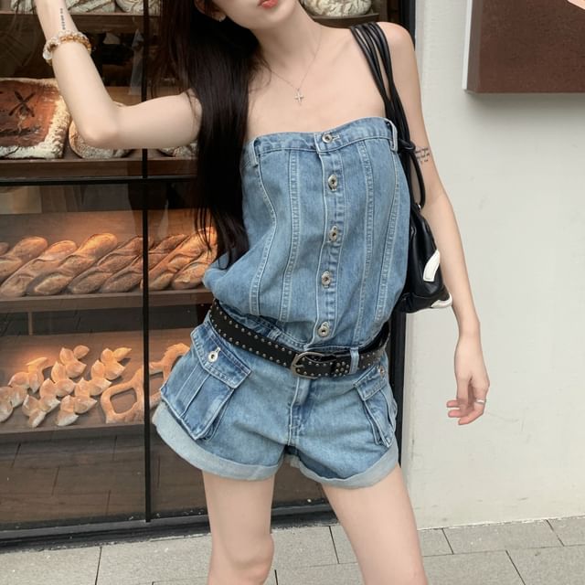 KUMI-Washed Button Denim Cargo Tube Romper