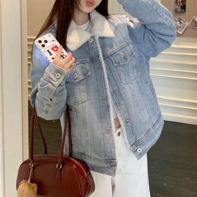 KUMI-Washed Fluffy Trim Denim Single-Breasted Jacket