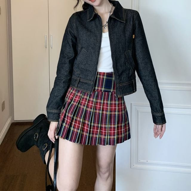 KUMI-Washed Zip Denim Jacket