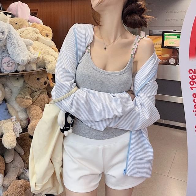 KUMI-Zip-Up Hoodie Plain Camisole Top