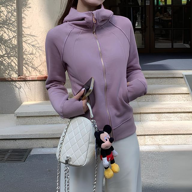 KUMI-Zip-Up Plain Hooded Crop Jacket