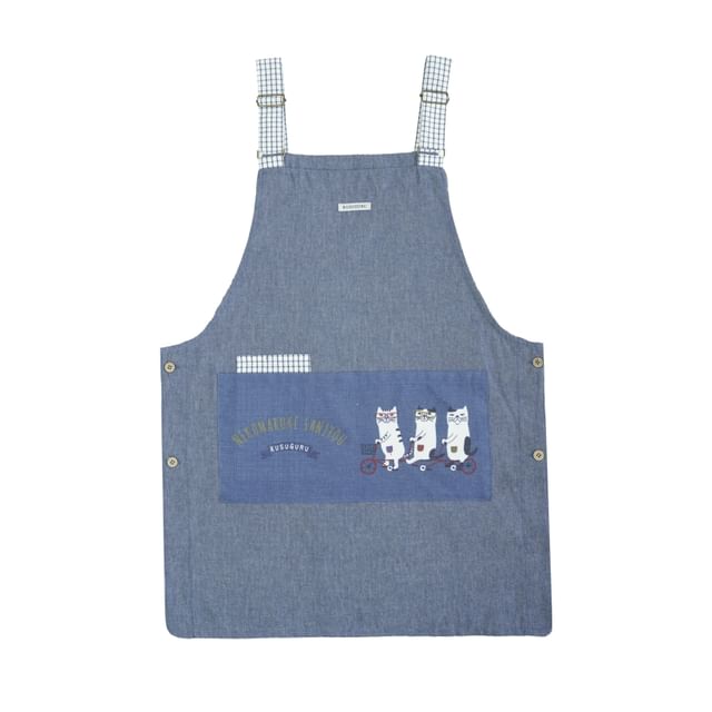 KUSUGURU JAPAN-Side-Button Apron Cat Nekomaruke Blue