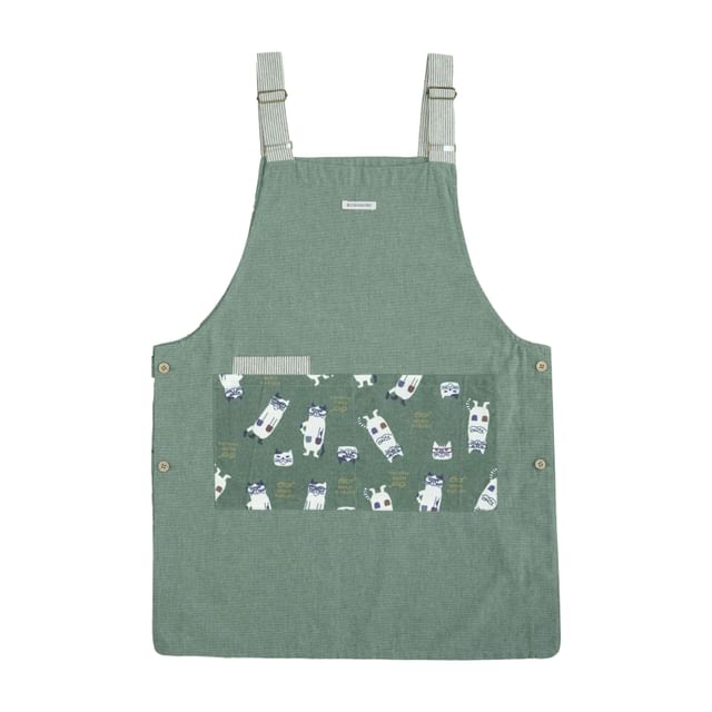 KUSUGURU JAPAN-Side-Button Apron Cat Nekomaruke Green