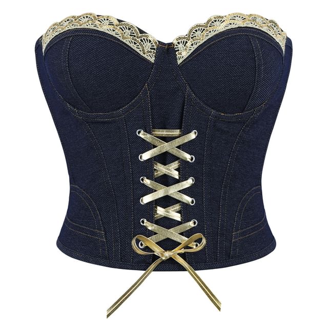 Lady Citrus-Lace Up Sequin Panel Denim Tube Bustier Top