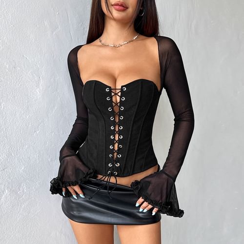 Lady Citrus - Long-Sleeve Mesh Panel Lace-Up Plain Crop Corset Top