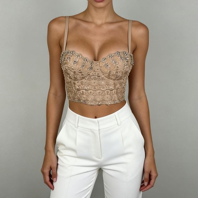 Lady Citrus-Plain Rhinestone Lace Bustier Top