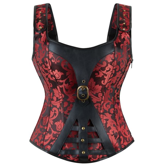 Lady Citrus-Square Neck Buckled Faux Leather Panel Brocade Corset Top