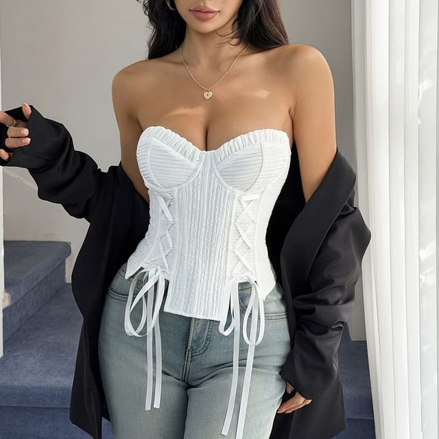 Lady Citrus-Strapless Plain Lace-Up Bustier Top