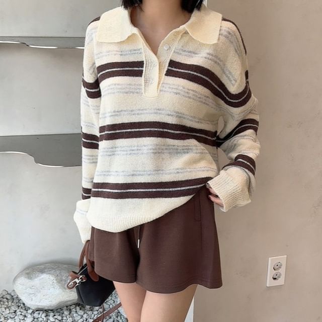 Lady Jean-Collar Henley Striped Sweater