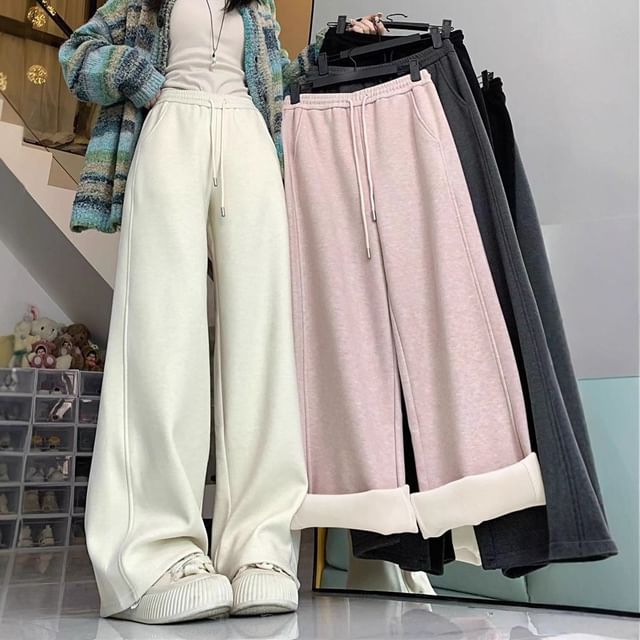 Lady Jean-Drawstring Waist Plain Baggy Pants