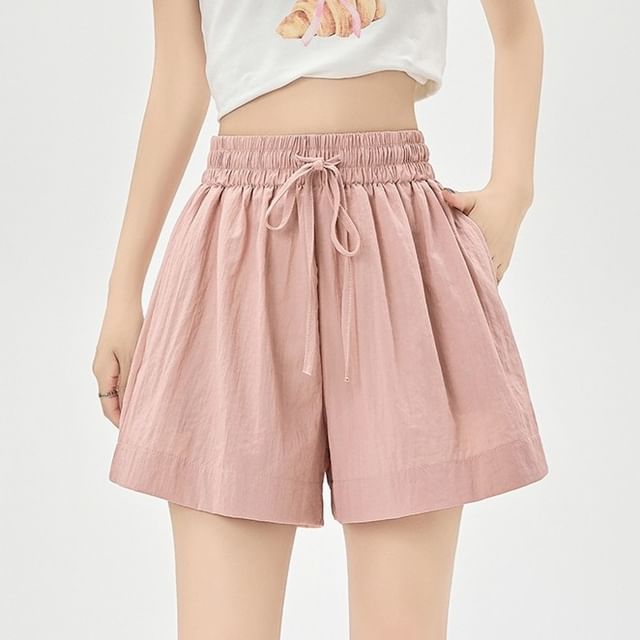 Lady Jean-Drawstring Waist Plain Wide Leg Shorts