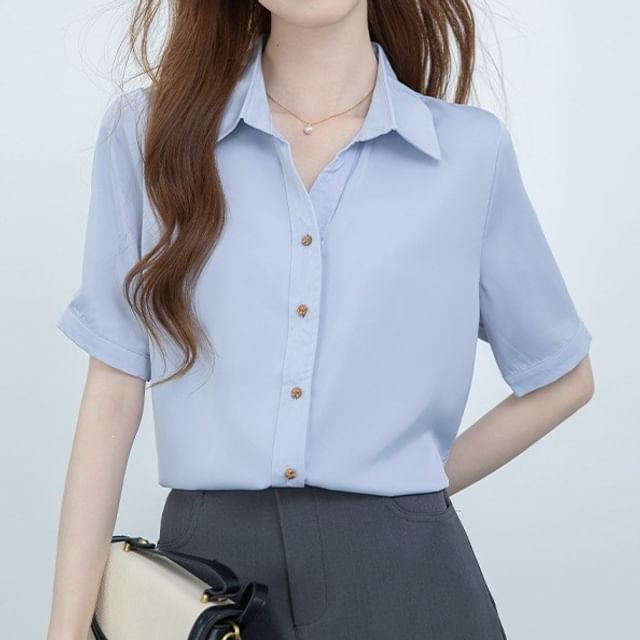 Lady Jean-Elbow-Sleeve Collared Button-Up Plain Blouse