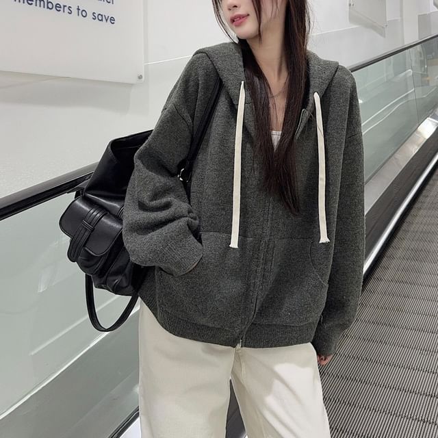 Lady Jean-Hooded Plain Zip Knit Jacket