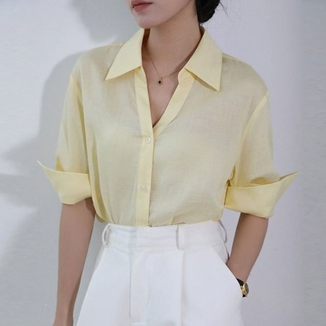 Lady Jean-Long-Sleeve Button-Up Plain Shirt