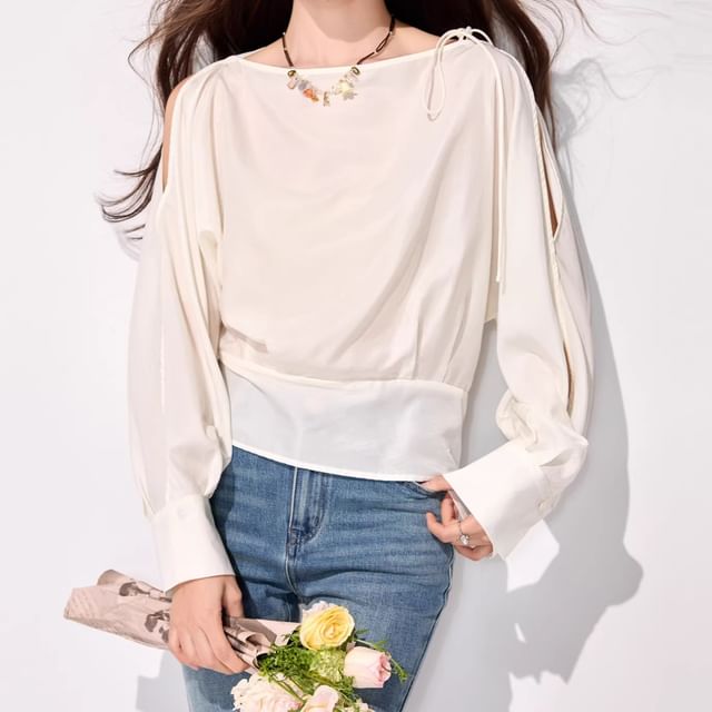 Lady Jean-Long-Sleeve Cold Shoulder Plain Blouse