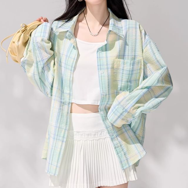 Lady Jean-Long-Sleeve Collared Plaid Button Up Shirt