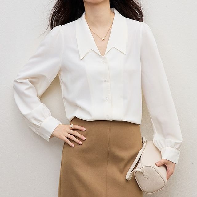 Lady Jean-Long-Sleeve Collared Plain Blouse