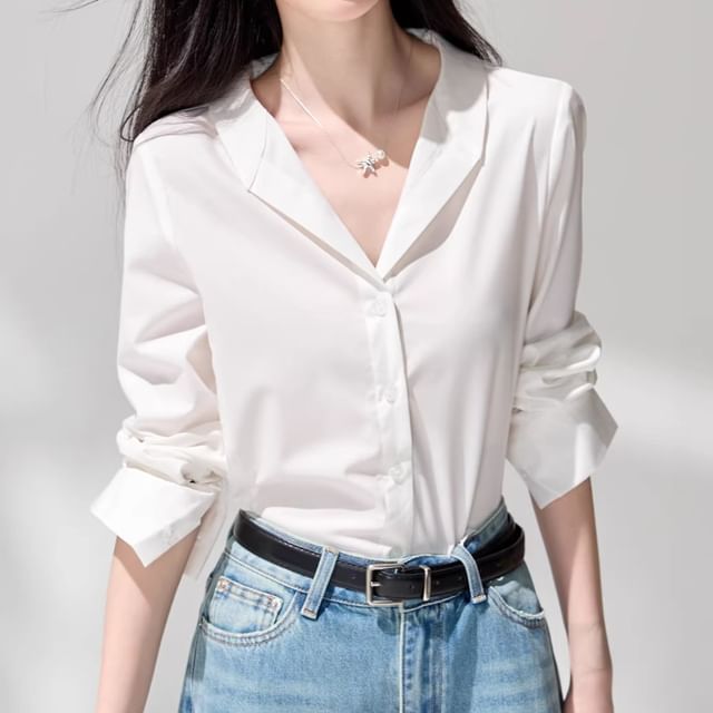 Lady Jean-Long Sleeve Collared Plain Shirt