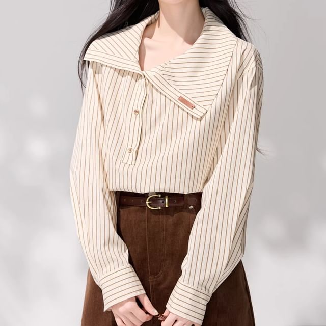 Lady Jean-Long Sleeve Collared Striped Shirt