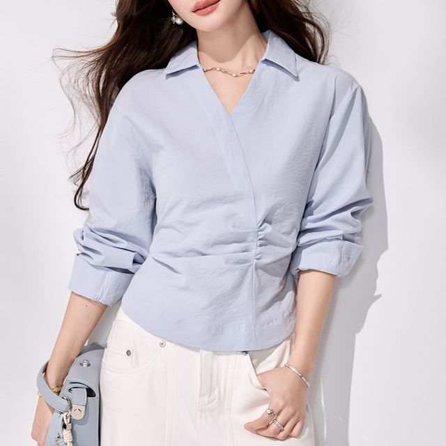 Lady Jean-Long-Sleeve Collared V-Neck Plain Ruched Blouse