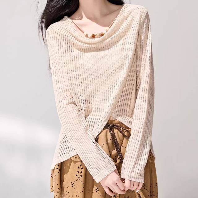 Lady Jean-Long Sleeve Cowl Neck Plain Beaded Panel Top