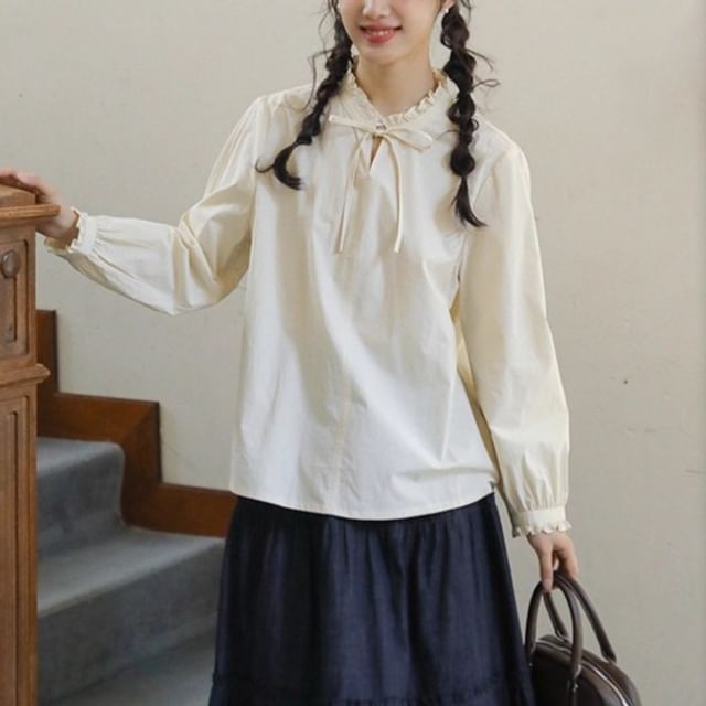 Lady Jean-Long-Sleeve Frill Trim Plain Blouse