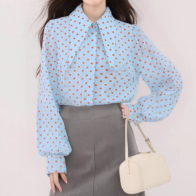 Lady Jean-Long-Sleeve Pointed Collar Polka Dot Button-Up Blouse