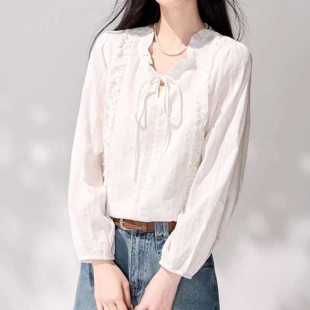 Lady Jean-Long Sleeve Tie Neck Plain Ruffle Blouse