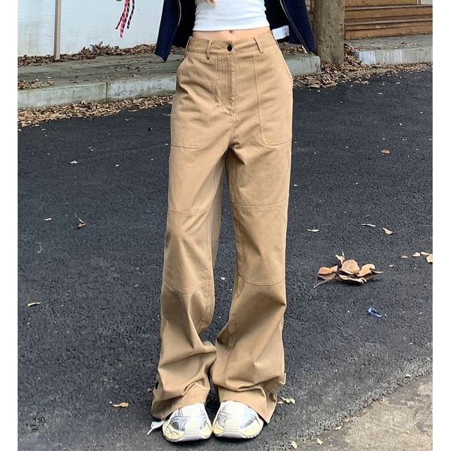 Lady Jean-Mid Waist Plain Panel Wide Leg Pants