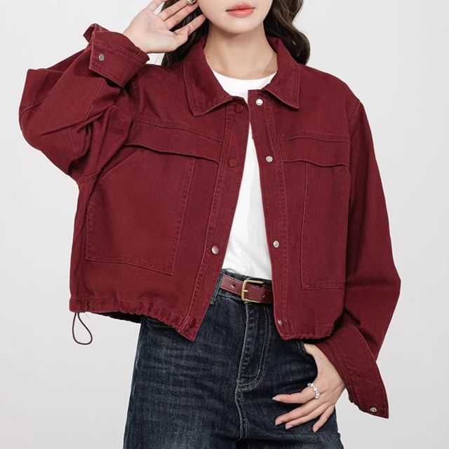 Lady Jean-Plain Drawstring Denim Snap Button Jacket