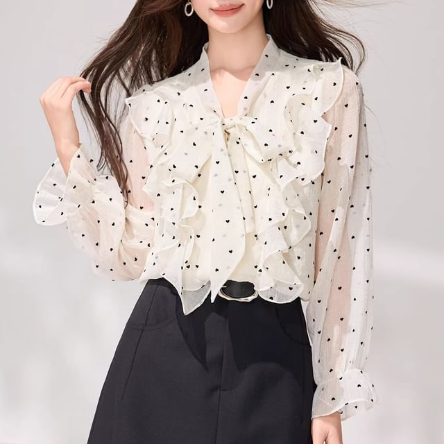 Lady Jean-Puff-Sleeve Tie-Neck Dotted Ruffled Blouse