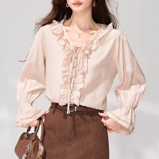 Lady Jean-Puff-Sleeve V-Neck Plain Ruffled Blouse