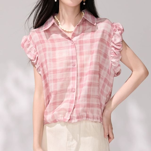 Lady Jean-Ruffle Sleeveless Collared Plaid Button Up Shirt