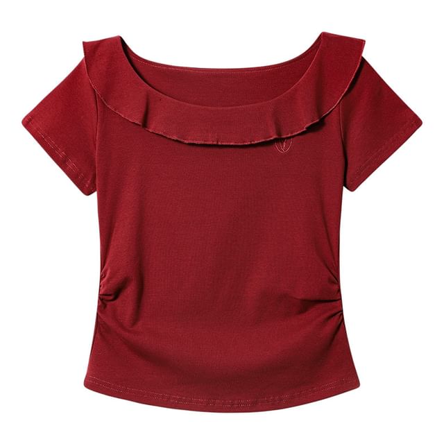 Lady Jean-Short-Sleeve Boatneck Ruffle Plain Top