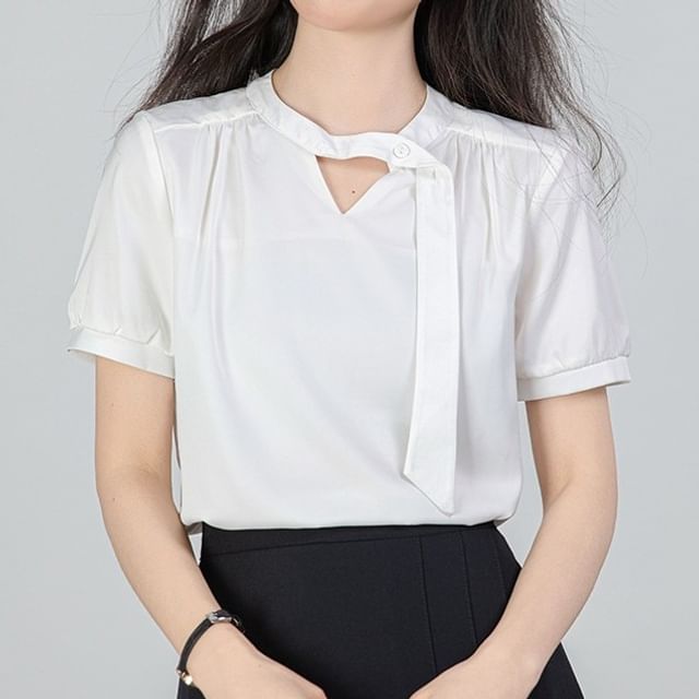 Lady Jean-Short-Sleeve Notch Neck Plain Buttoned Blouse